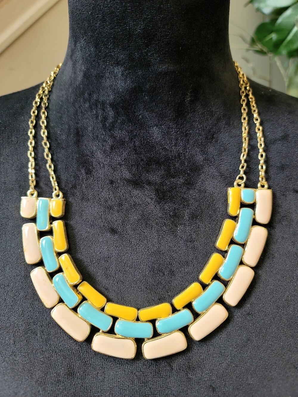 Turquoise Yellow Cream Multi Strand Geometric Beaded Statement Necklace